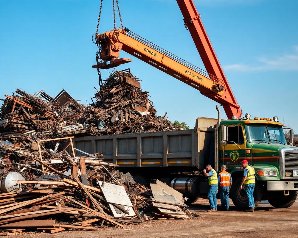 Crane loading scrap metal onto truck for collection